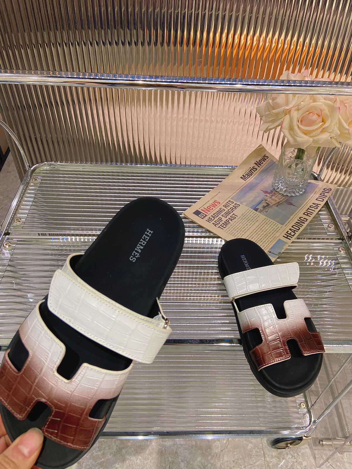 HERMES CHYPRE SANDAL OMBRE WHITE BROWN CALFSKIN