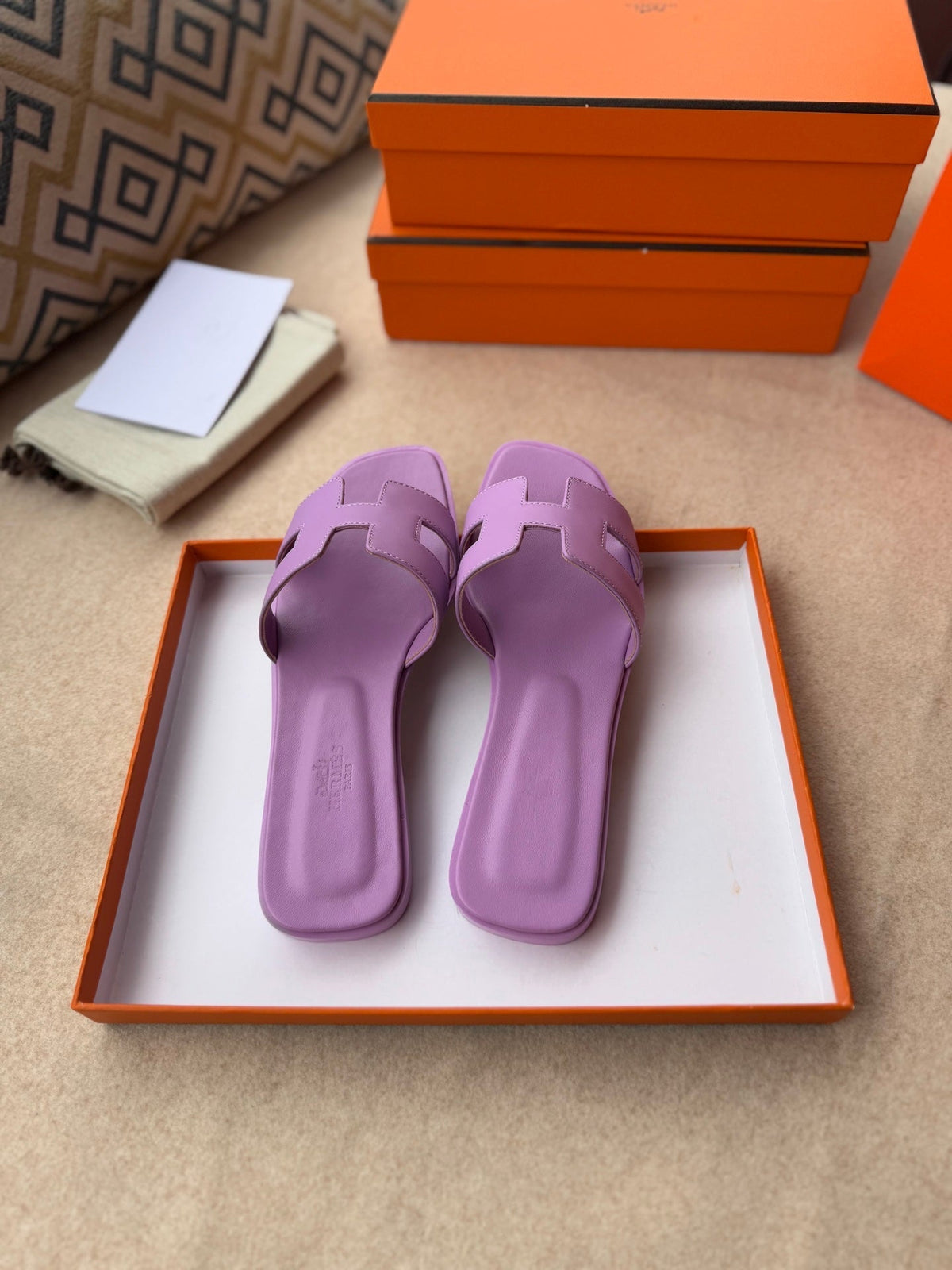 HERMES 0RAN SANDALS IN LILAC PURPLE CALFSKIN